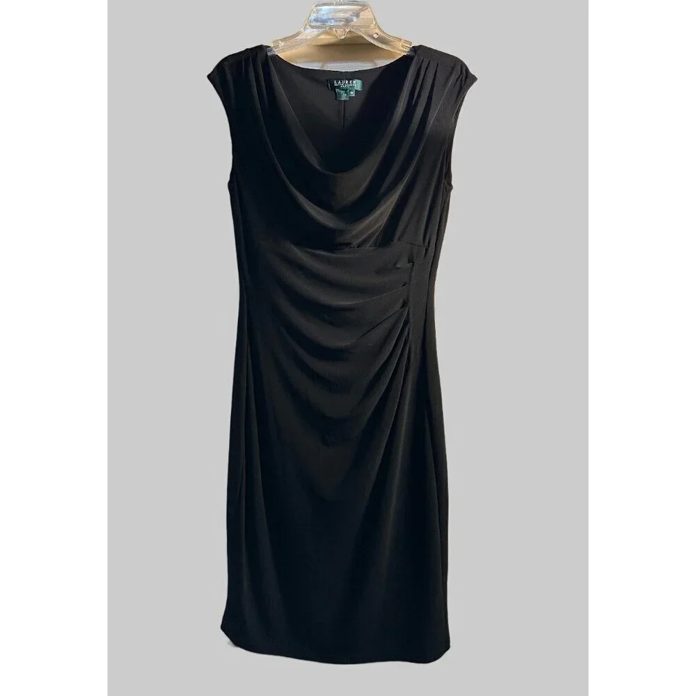 Lauren Ralph Lauren Dress Womens Size 10 Black Cowl Neck Ruched Cap Sleeve